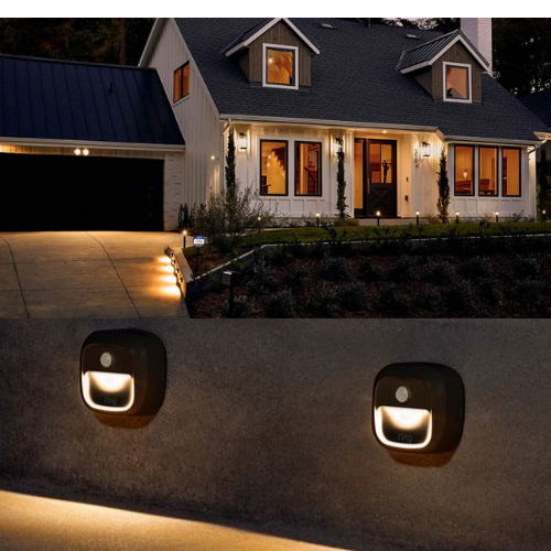 A zoomed out picture of a white snd blue house with lights going up the side of their driveway and a zoomed-in image of the black  down-angled walkway lights