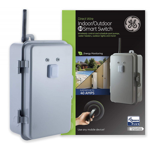 A grey box switch with a black antenna is places in front of the product packing that states it is for energy monitoring, works with ZWave plus, and can be used on any mobile device. 