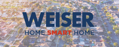 the Weiser logo overlayed on an image of a bright neighbourhood