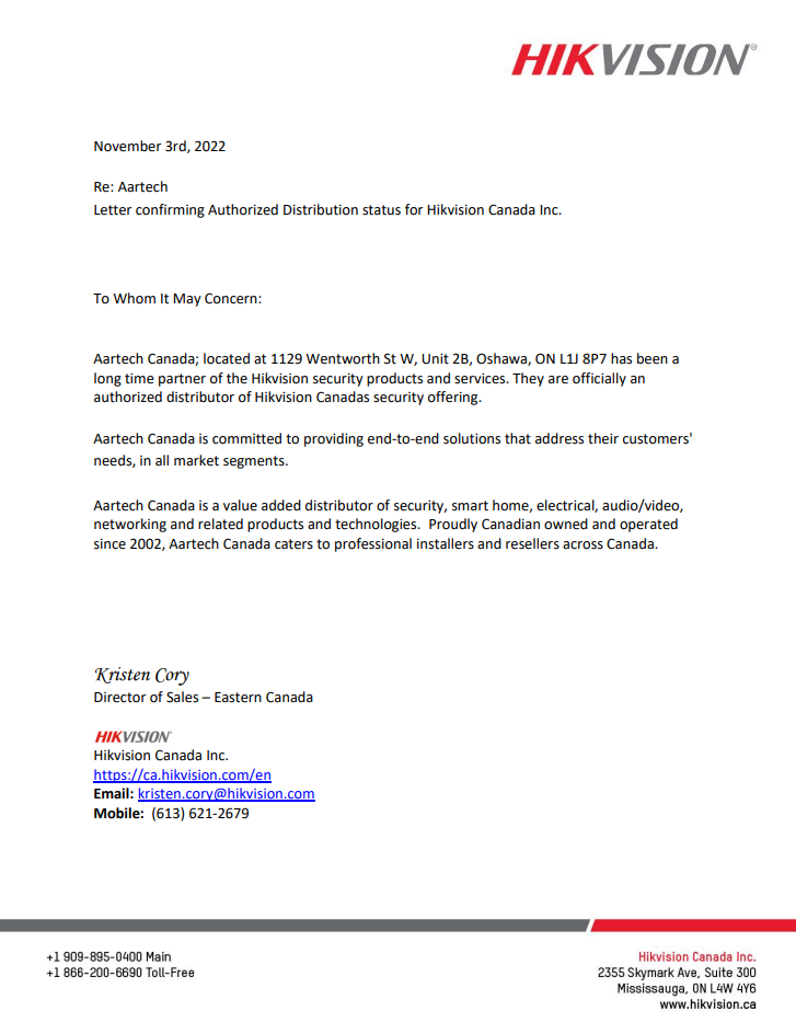 Hikvision Authorized Distributor Aartech Canada
